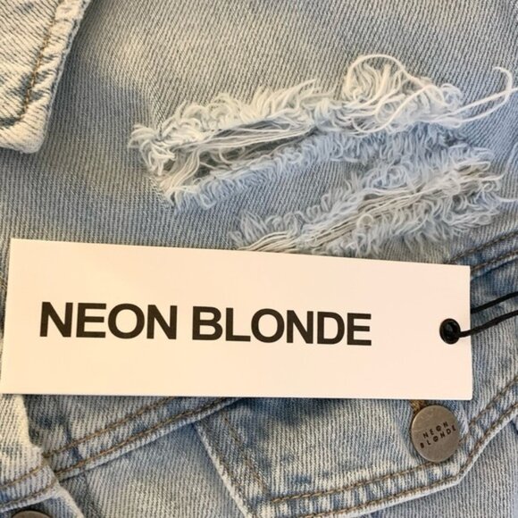 NEON BLONDE Not Mine Jean Jacket Oversized Denim Light Wash Distressed Size S - Picture 12 of 16